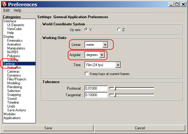 Preferences Settings Working Units